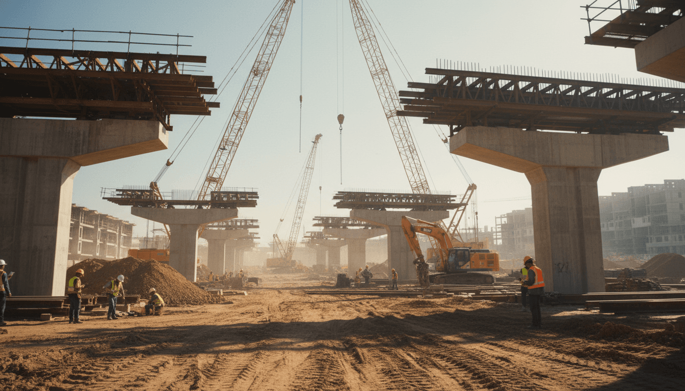 Large-scale railway construction site with heavy machinery and infrastructure development