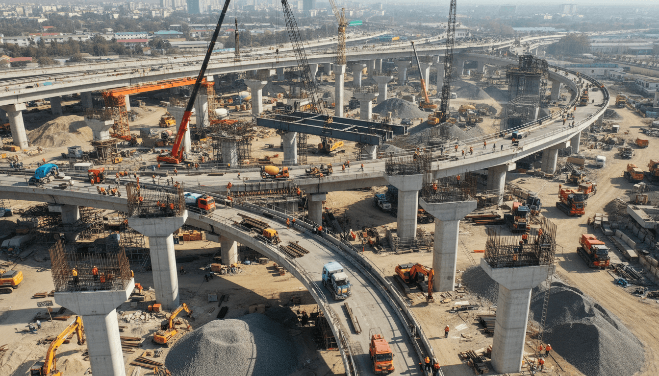 Large-scale railway or highway construction site with heavy equipment and infrastructure in progress