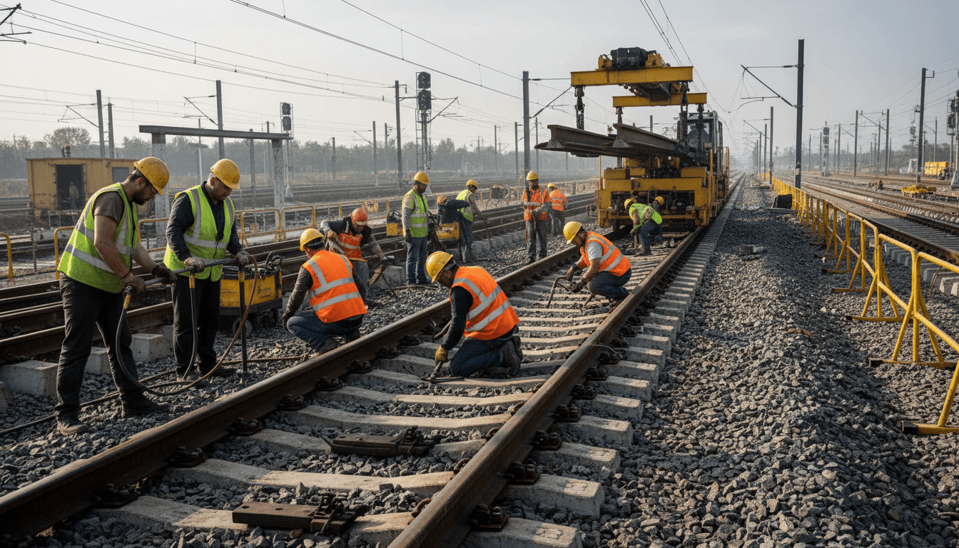 Railway track construction with heavy equipment and workers