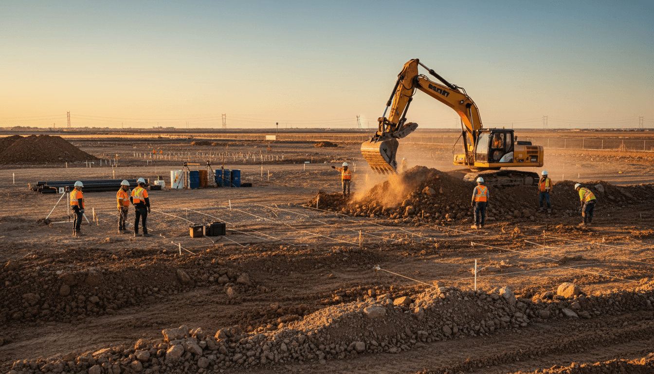 Large-scale highway construction site with heavy machinery and coordinated work crews