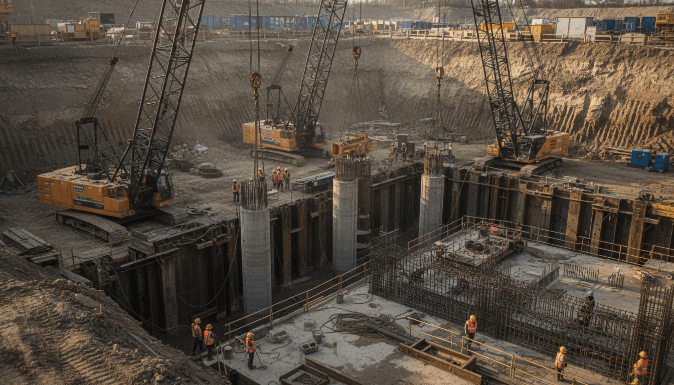 Construction team reviewing project blueprints on-site with heavy machinery in background