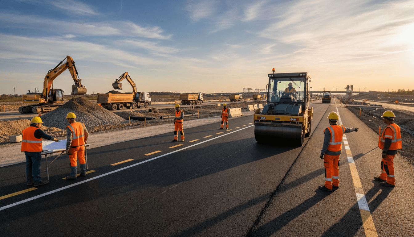 Highway construction project showing multiple lanes of asphalt and construction equipment