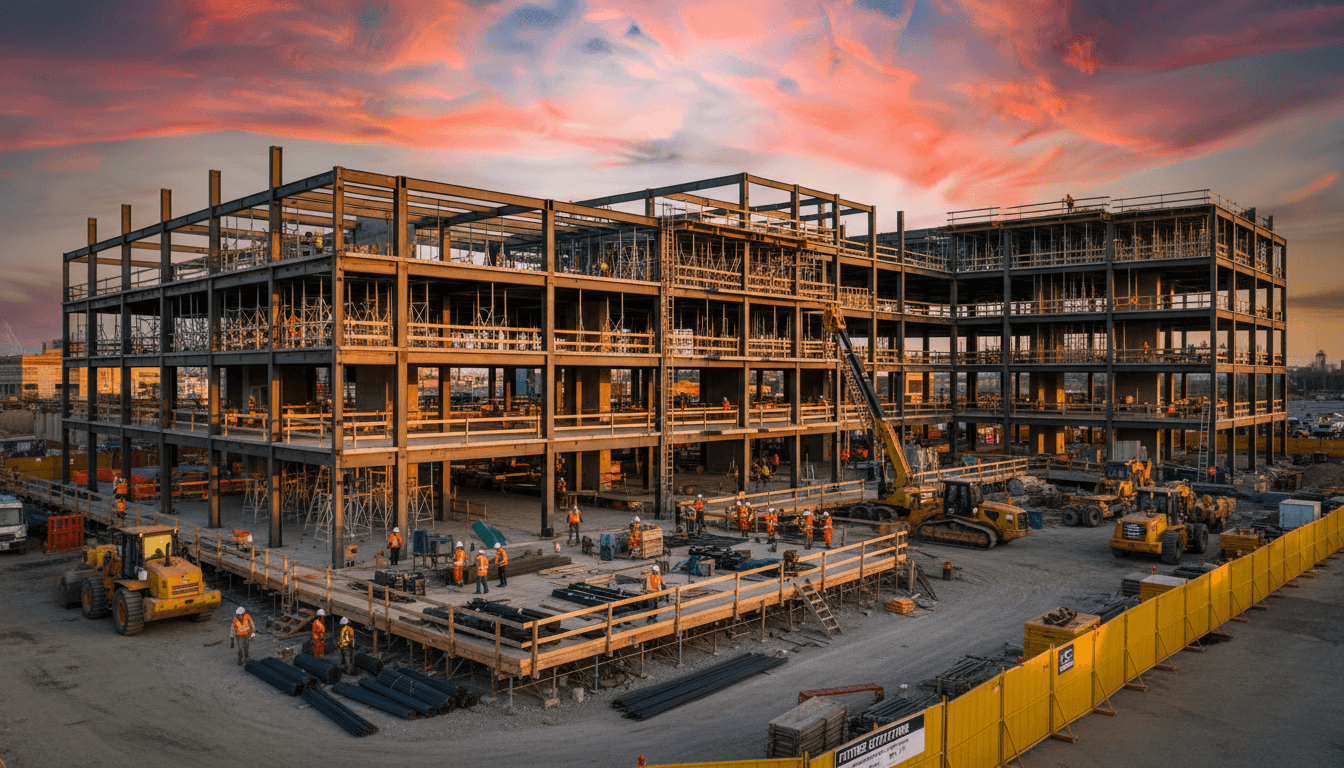 Large-scale infrastructure construction site with heavy machinery and steel framework during golden hour