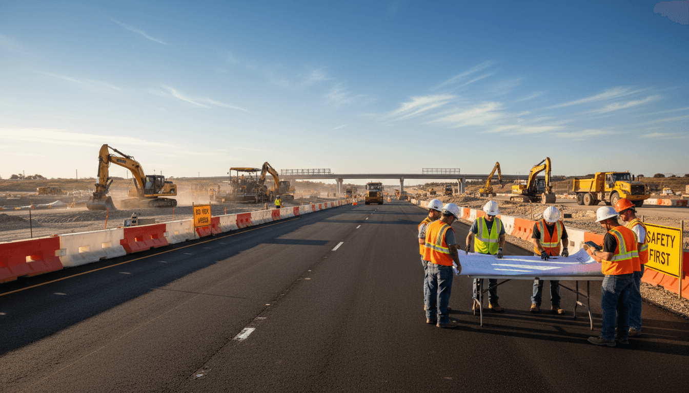 Highway construction project with heavy machinery
