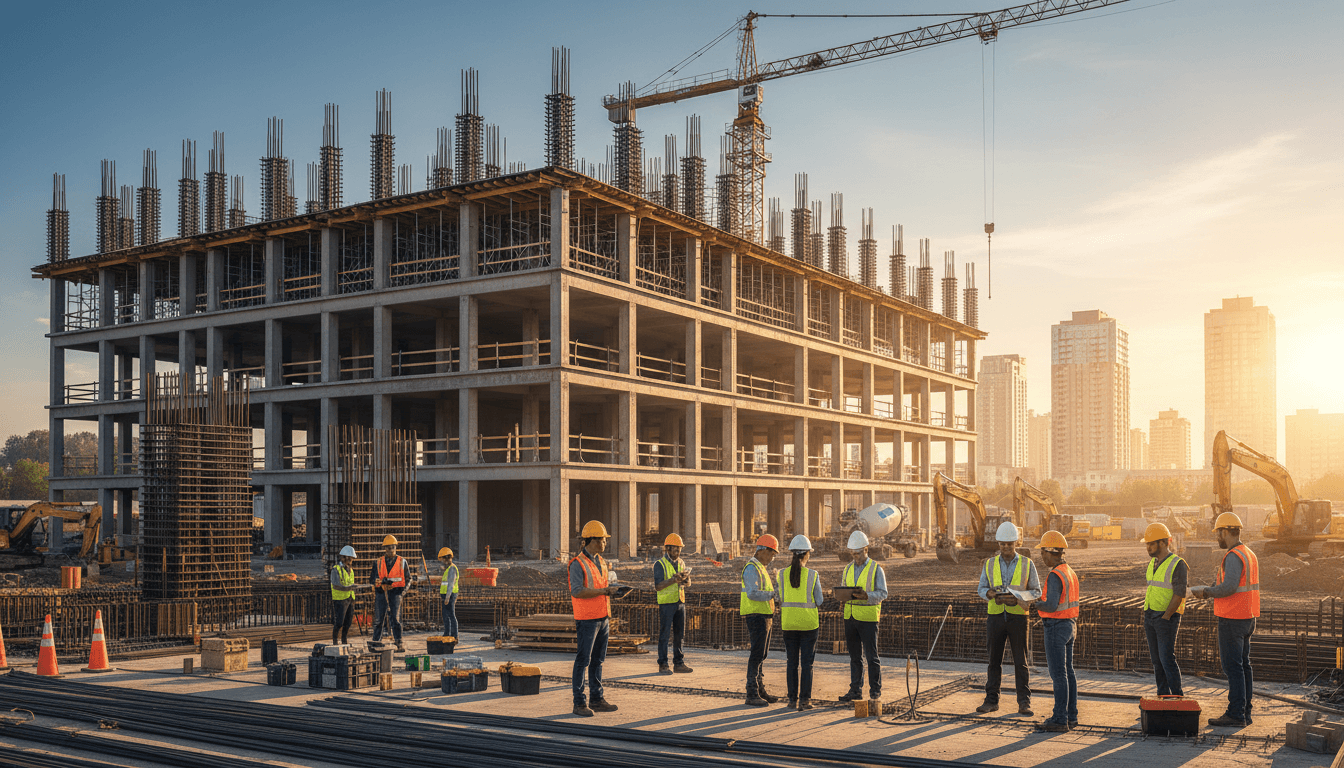 Construction site with machinery, steel framework, and team reviewing blueprints at sunset