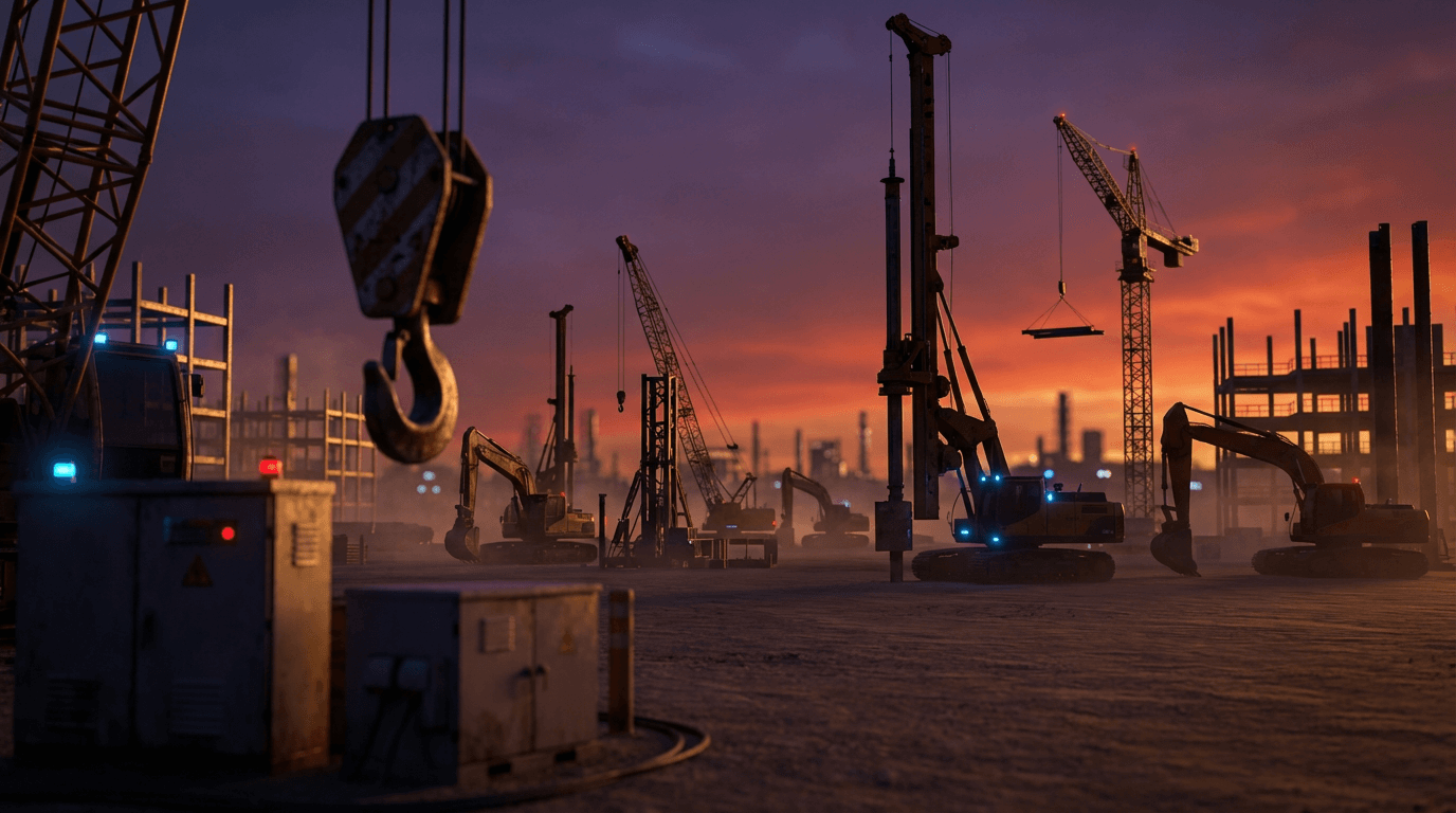 Large-scale infrastructure construction site with heavy machinery, steel framework, and workers in hard hats working under natural golden hour lighting