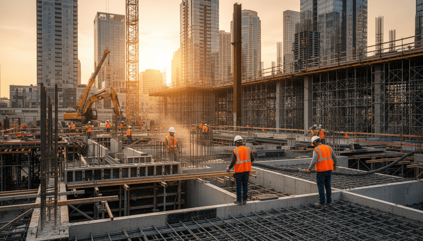Large construction site with heavy machinery and workers building infrastructure foundations